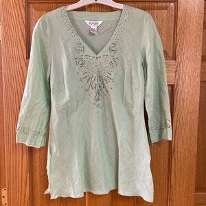 Allison Taylor Women’s Sz L 100% Green Linen Beaded Tunic 3/4 Sleeve Blouse